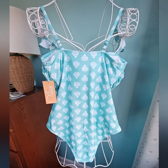 NWT Kona Sol by Target Aqua & White Shell Print 1 Piece Swimsuit - Women's Sz M - Picture 5 of 8